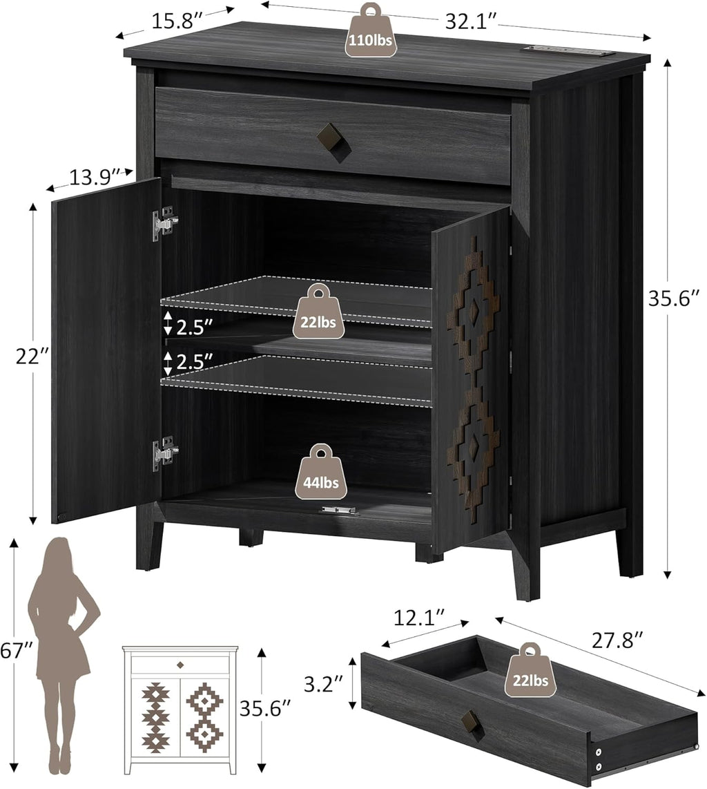 32'' Buffet Cabinet with Storage, Sideboard Cabinet with Drawer and Adjustable Shelf, Modern Accent Storage for Kitchen, Living Room, Entryway, Black