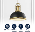 JONATHAN Y 13" Black/Brass Gold Modern Industrial Iron LED Dome Pendant Light, Adjustable Hanging Fixture for Kitchen Island or Entryway, Black Metal Shade, LED Bulb Included (JYL9536A)