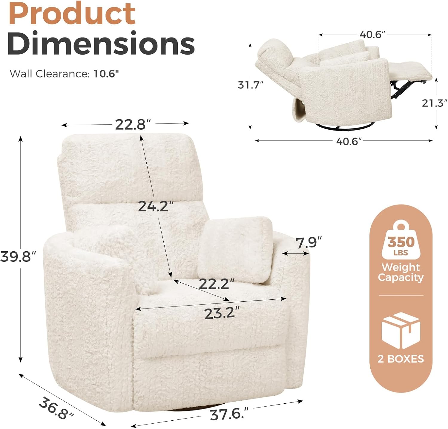 HUSFU Power Swivel Rocker Recliner Chair, Nursery Glider Rocking Chair for Adults with Nightlight and USB & Type-C Ports, Comfy Plush Recliner Chairs for Living Room, Bedroom, Cream