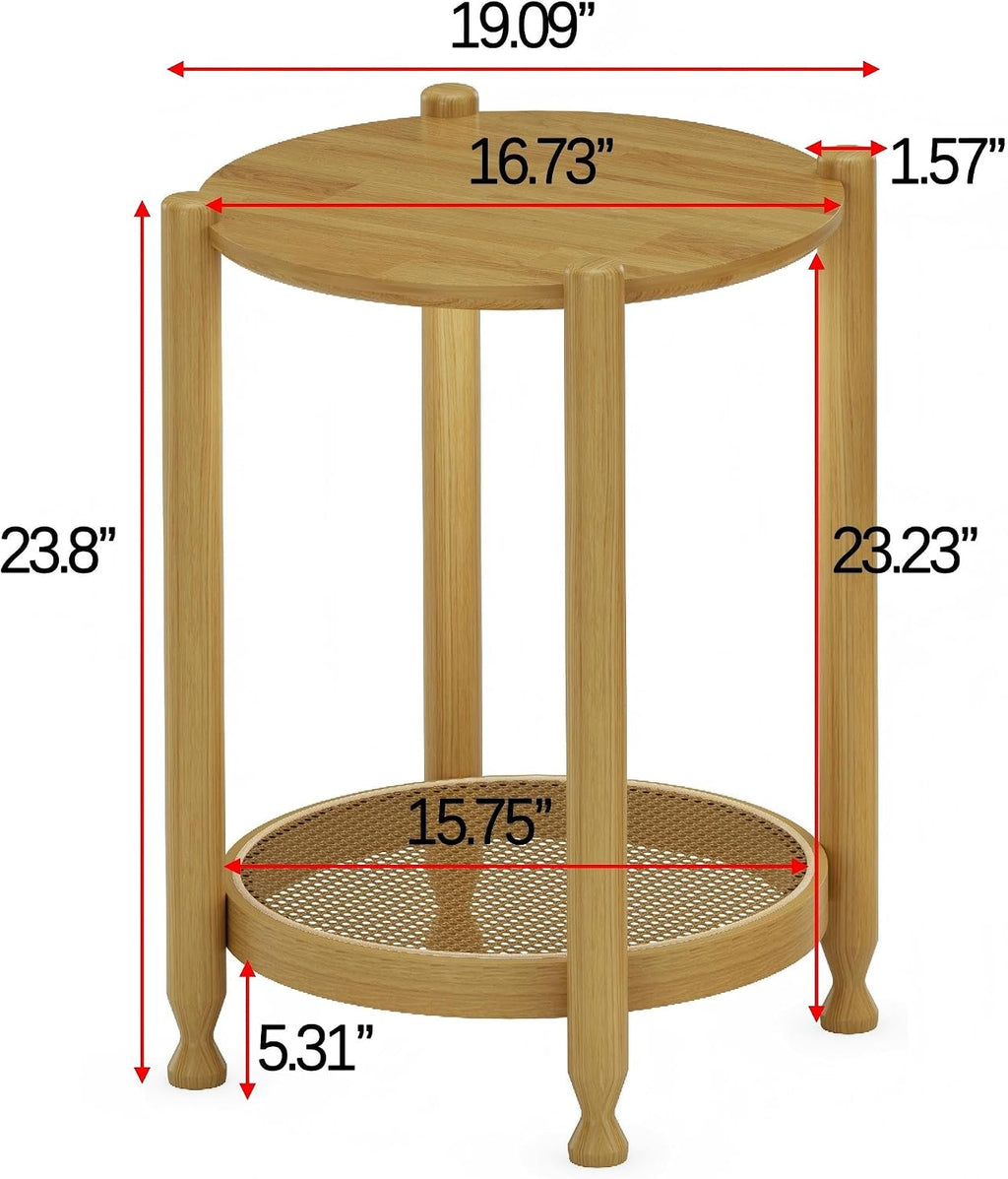 Solid Wood Round Side Table, Farmhouse Nightstand for Living Room, 2-Tier Bedside Table with Storage, Living Room End Table with Woven Rattan Storage Shelf, Natural