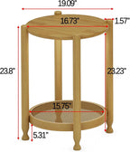 Solid Wood Round Side Table, Farmhouse Nightstand for Living Room, 2-Tier Bedside Table with Storage, Living Room End Table with Woven Rattan Storage Shelf, Natural