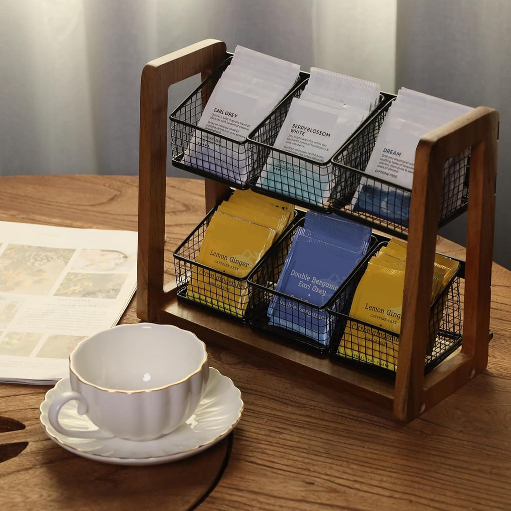 HTB 2 Tier Tea Organizer for Tea Bags with 6 Removable Metal Baskets | Acacia Wood Tea Bag Holder for Sugar Packets, Sweeteners, Creamers,Tea Bag Box Caddy for Cabinet, Counter,Office Wall-mounted