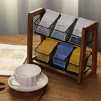 HTB 2 Tier Tea Organizer for Tea Bags with 6 Removable Metal Baskets | Acacia Wood Tea Bag Holder for Sugar Packets, Sweeteners, Creamers,Tea Bag Box Caddy for Cabinet, Counter,Office Wall-mounted