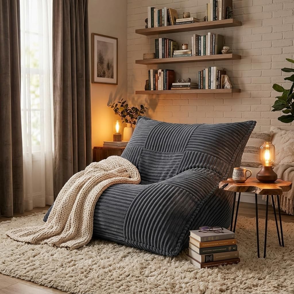 Giant Bean Bag Chair - 3-in-1 Convertible Memory Foam Floor Cushion with Washable Corduroy Cover, Large Comfy Beanbag Sofa for Adults and Kids-Gray