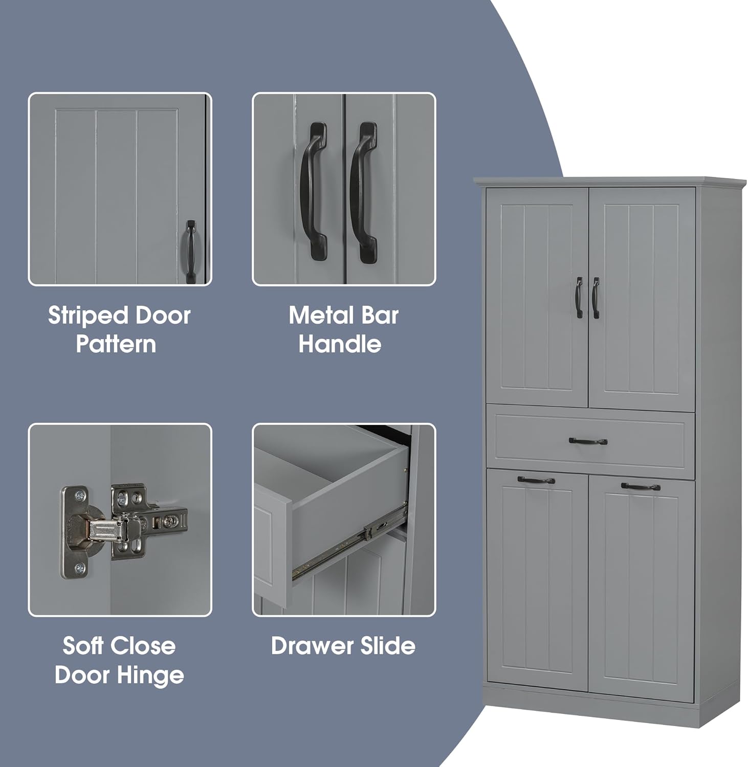 Merax 65.8" Pantry Cabinet with Two Doors & One Drawer & Two Laundry Hampers, Adjustable Shelves Storage Cupboard for Kitchen/Dining Room/Bathroom, Gray