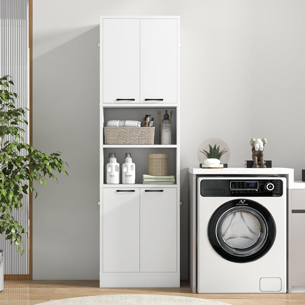 75” Kitchen Pantry Cabinet, Tall Freestanding Kitchen Hutch with 4 Doors, 2 Open Shelves & 4 Anti-Tipping Devices, Bathroom Storage Cabinet for Living Room, Dining Room (White)