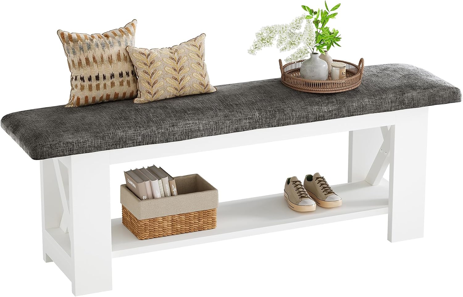 Tribesigns 47" Farmhouse Entryway Bench with Padded Cushion, Farmhouse Wooden Shoe Rack Storage Bench, 2-Tier White Accent Organizer Seat for Hallway, Living Room, Bedroom