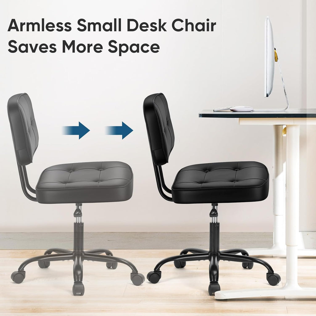 DUMOS Home Office Desk Chair - Ergonomic Armless PU Leather Computer Rolling Task Chair，with Comfy Lumbar Support and Height Adjustable, Vanity, Bedroom, Living Room, Black