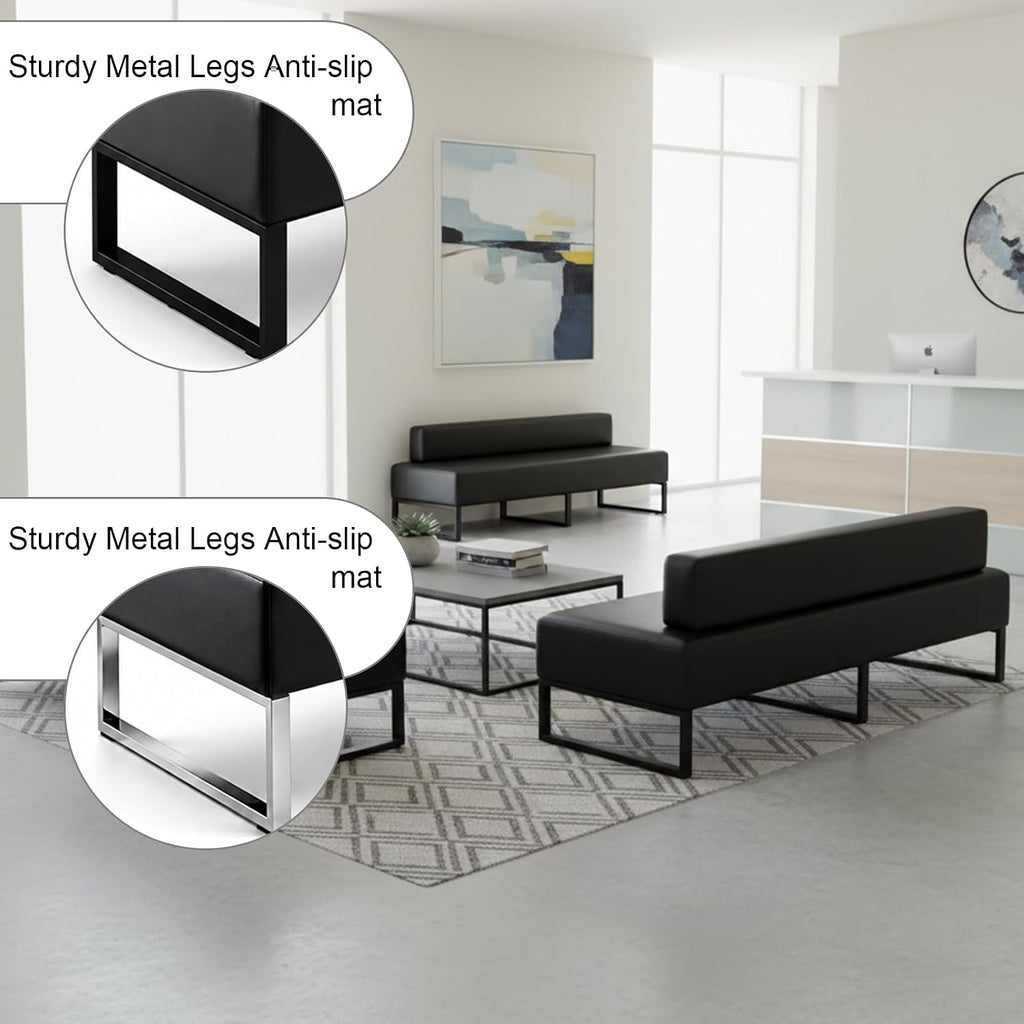 Modern Waiting Room Bench with Backrest Upholstered Office Guest Chair Metal Frame Reception Seating for Lobby Salon Airport Bank and Conference Room Black Frame 17" Dx47 Wx17 H