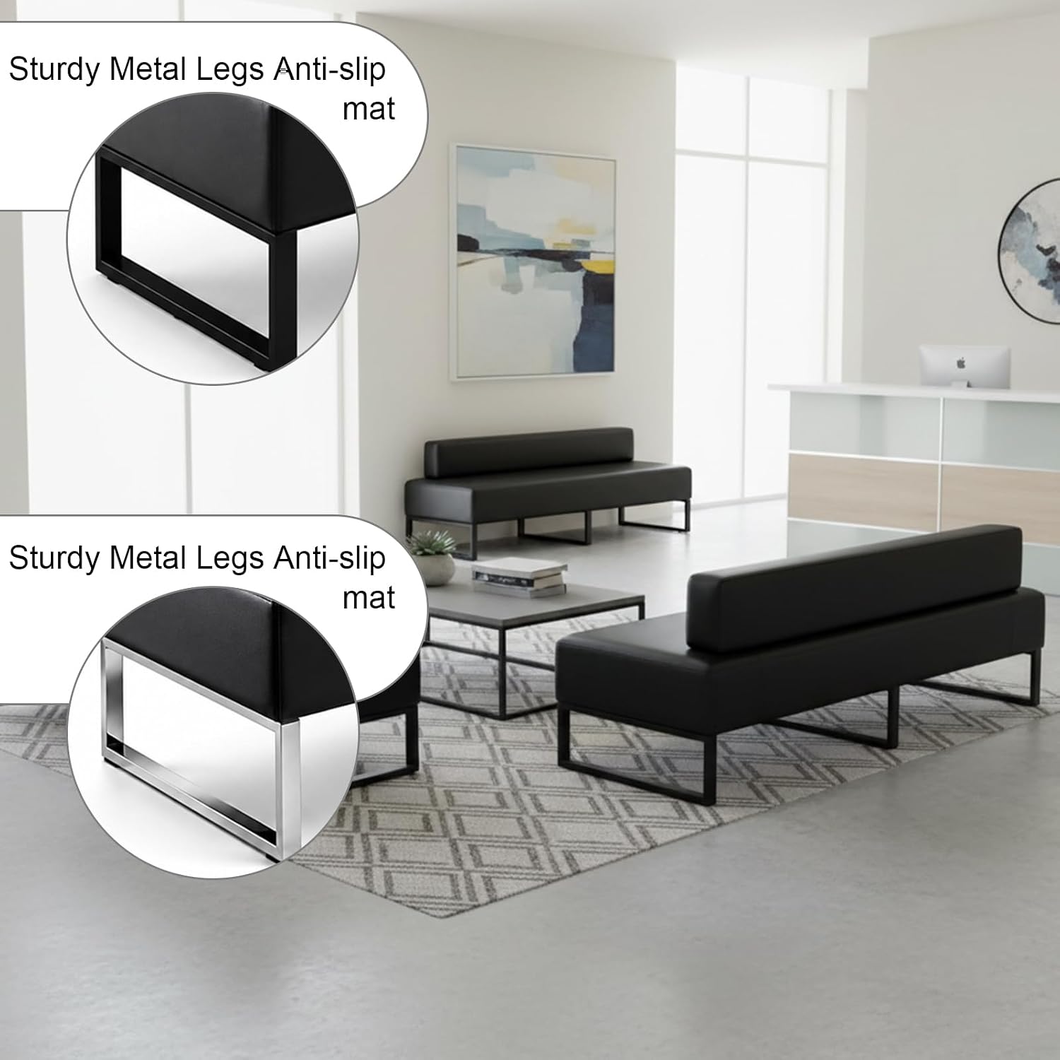 Modern Waiting Room Bench with Backrest Upholstered Office Guest Chair Metal Frame Reception Seating for Lobby Salon Airport Bank and Conference Room Black Frame 17" Dx47 Wx17 H