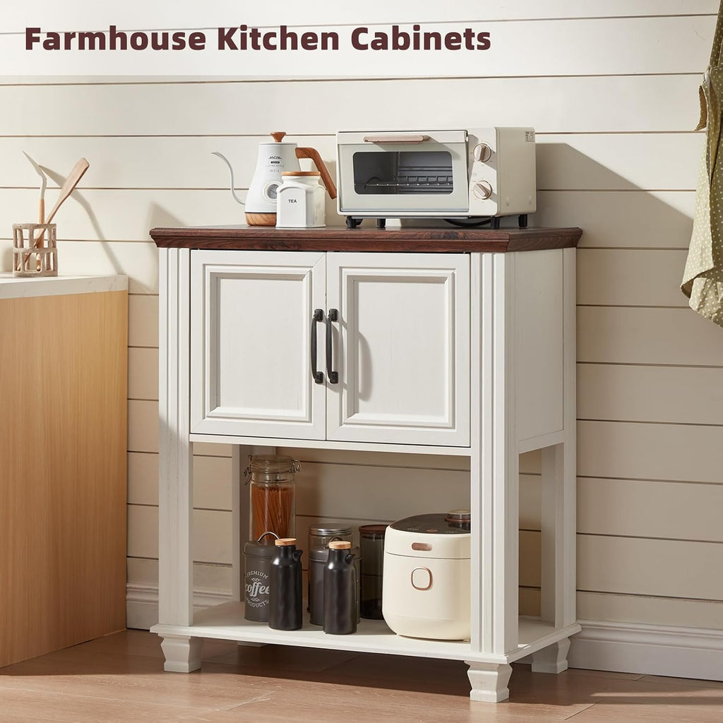 SAVOR LIFE Farmhouse Coffee Bar Table with 2-Door Cabinet, Kitchen Storage Cabinets with Open Shelf, Coffee Station for Dining Room, Kitchen, Hallway, Living Room, White