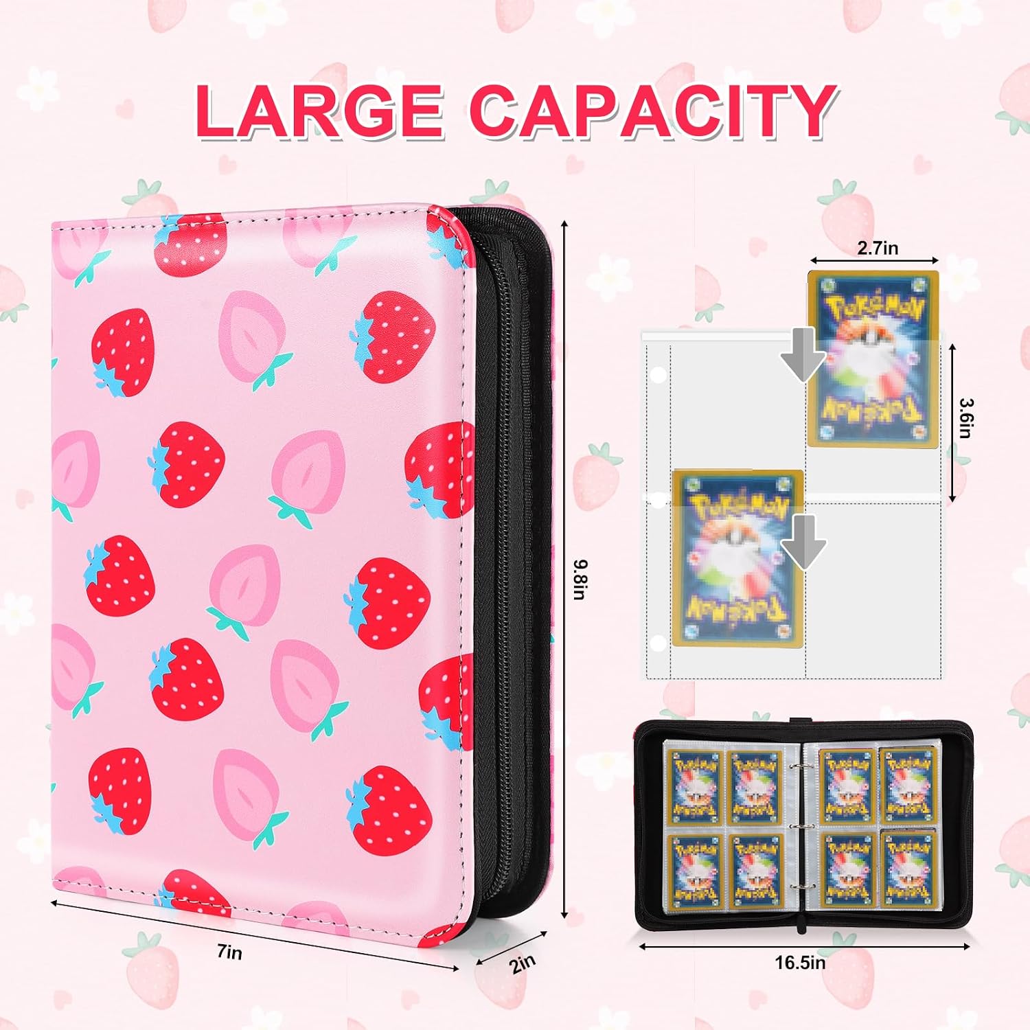 CLOKORIA Card Binder for Girls Gifts,440 Cards Collectible Trading Card Holder Case with 55 Sleeves, 4 Pocket for TCG Game Cards Collection Sports Trading Cards Collector Album (Strawberry Peach)