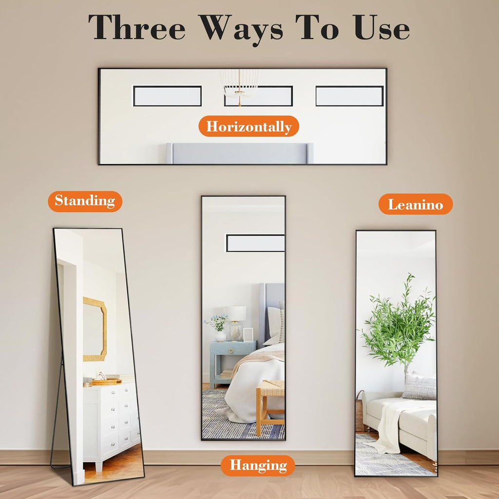 Sweetcrispy 56"x15" Full Length Mirror, Leaning or Standing Full Body Mirror with Aluminum Alloy Thin Frame, Suitable for Bedroom, Living Room, Cloakroom, Black