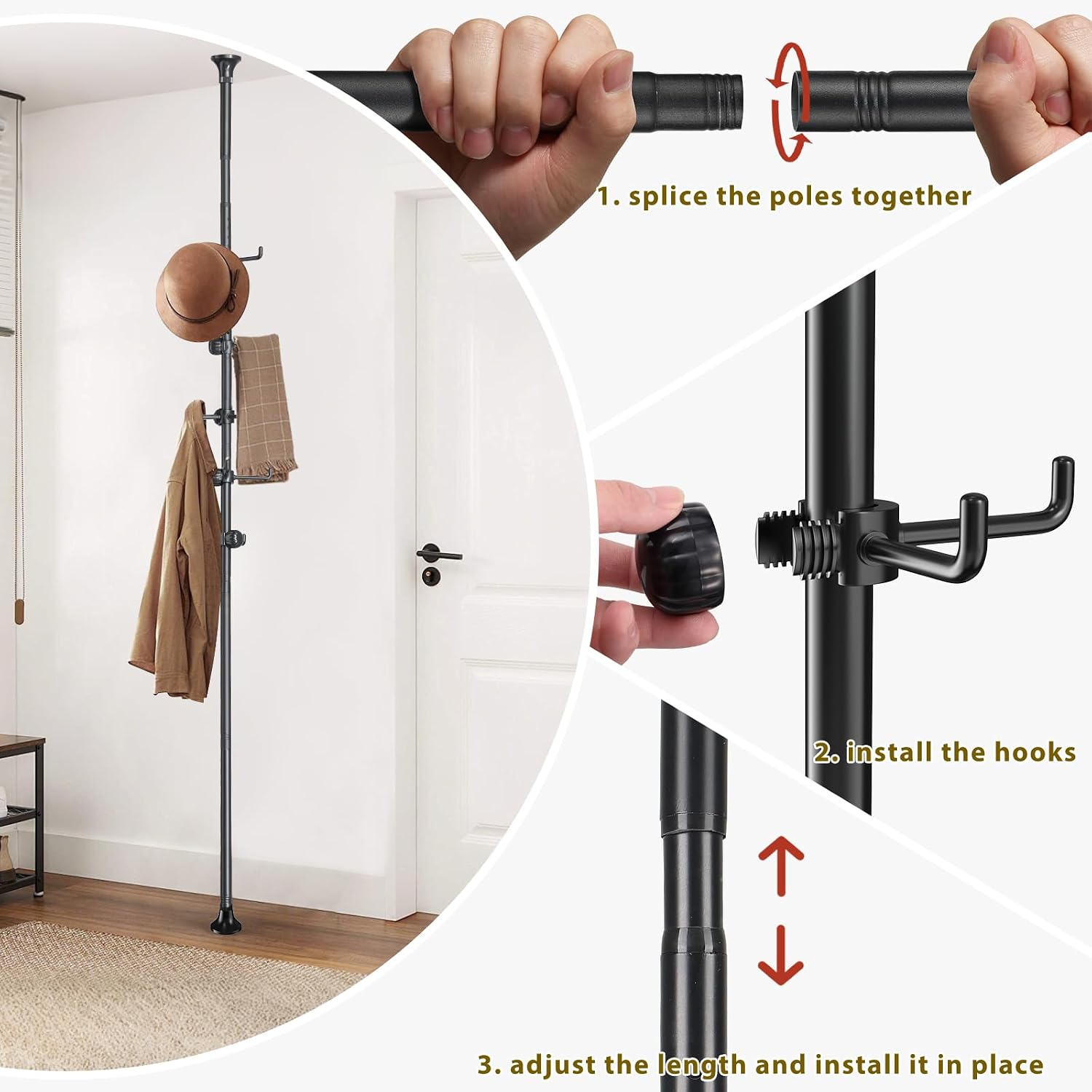 Coat Rack Freestanding,Adjustable 56-125 inch Tension Rod Coat Tree 12 Hooks Hanger Stand for Coat Hat Bedroom Livingroom Kitchen Bathroom Apartment Entryway Hall Office Black