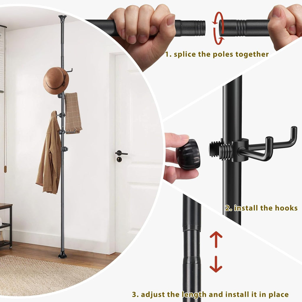 Coat Rack Freestanding,Adjustable 56-125 inch Tension Rod Coat Tree 12 Hooks Hanger Stand for Coat Hat Bedroom Livingroom Kitchen Bathroom Apartment Entryway Hall Office Black