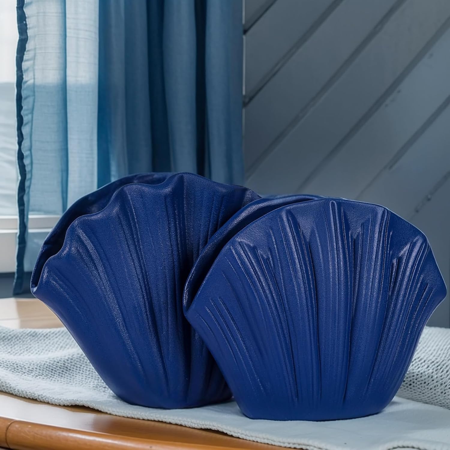 Blue Ceramic Shell Vase Set of 2 - Coastal Decorative Vases for Home Decor, Pampas Grass or Flowers, Navy Blue Centerpieces for Coffee Table, Shelf, Fireplace Mantle, Entryway or Dining Room