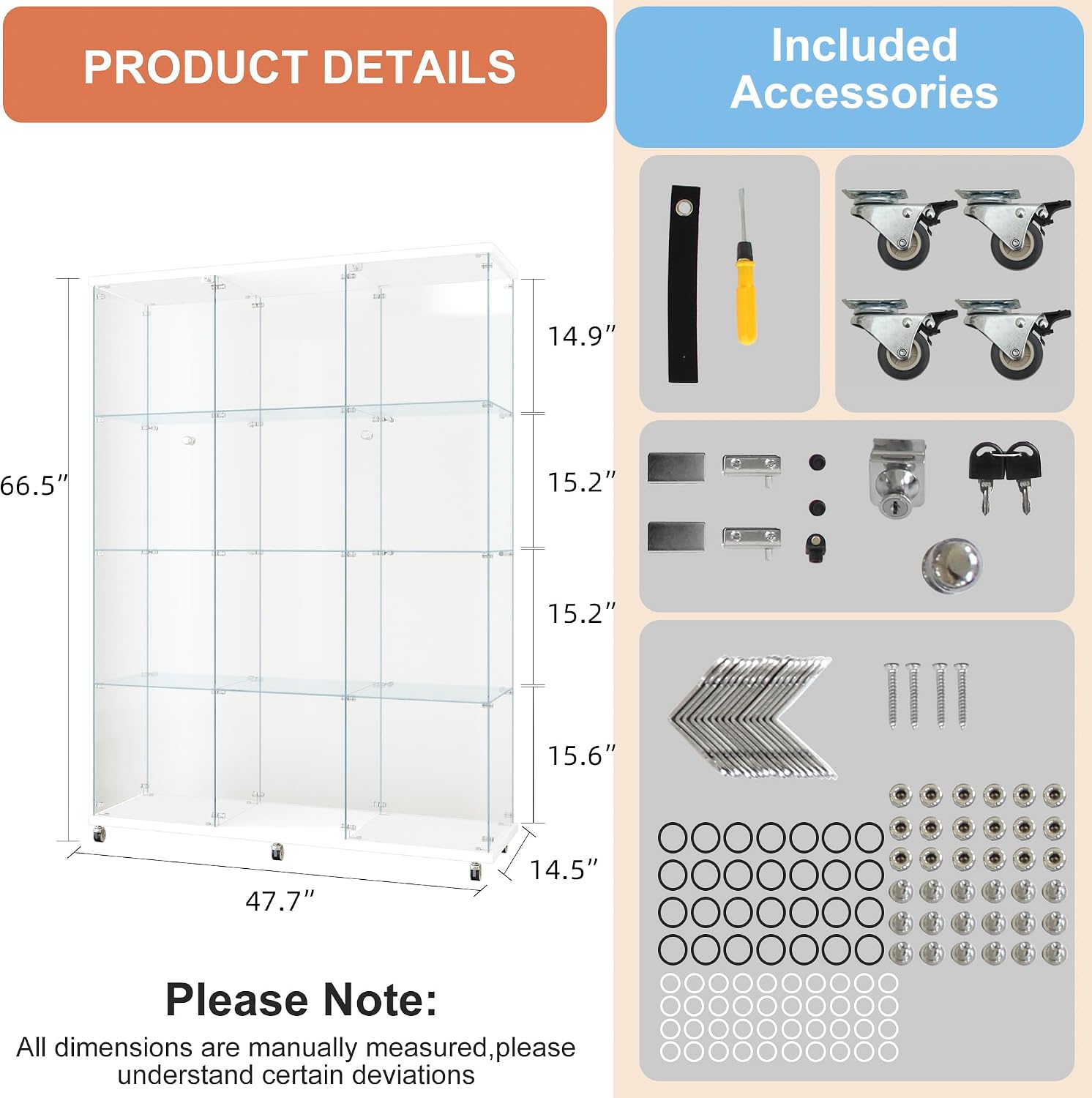 FANYUSHOW Tempered Glass Display Cabinet 12-Shelves Curio Cabinet with 3 Columns and Lock Extra Large Display Shelf Showcase for Living Room/Bedroom/Office- White 66.5" H x47.7 L x 14.5" W