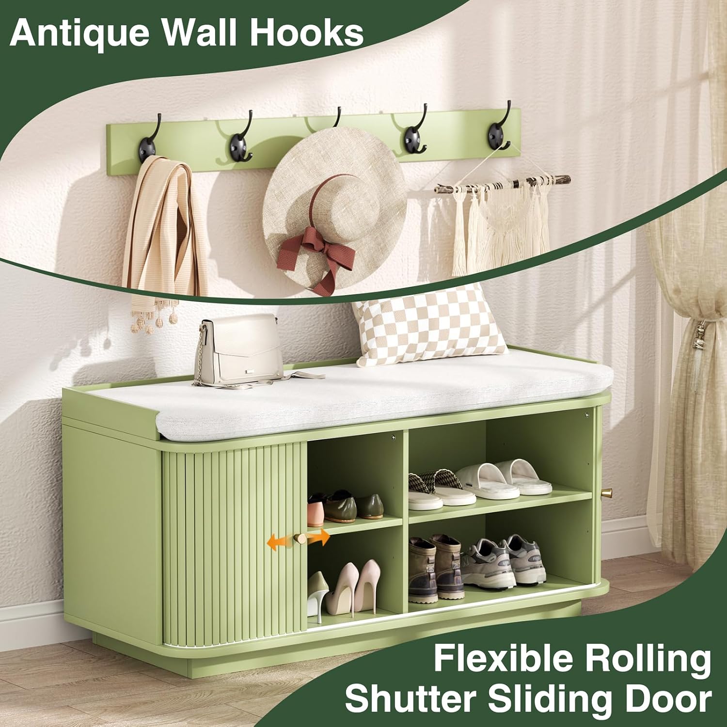 Hall Tree with Bench and Shoe Storage, Entryway Bench with Sliding Door Cabinet, Removable Padded, Metal Wall Hooks and Adjustable Storage Compartments, for Entry, Hallway, Living Room, Green
