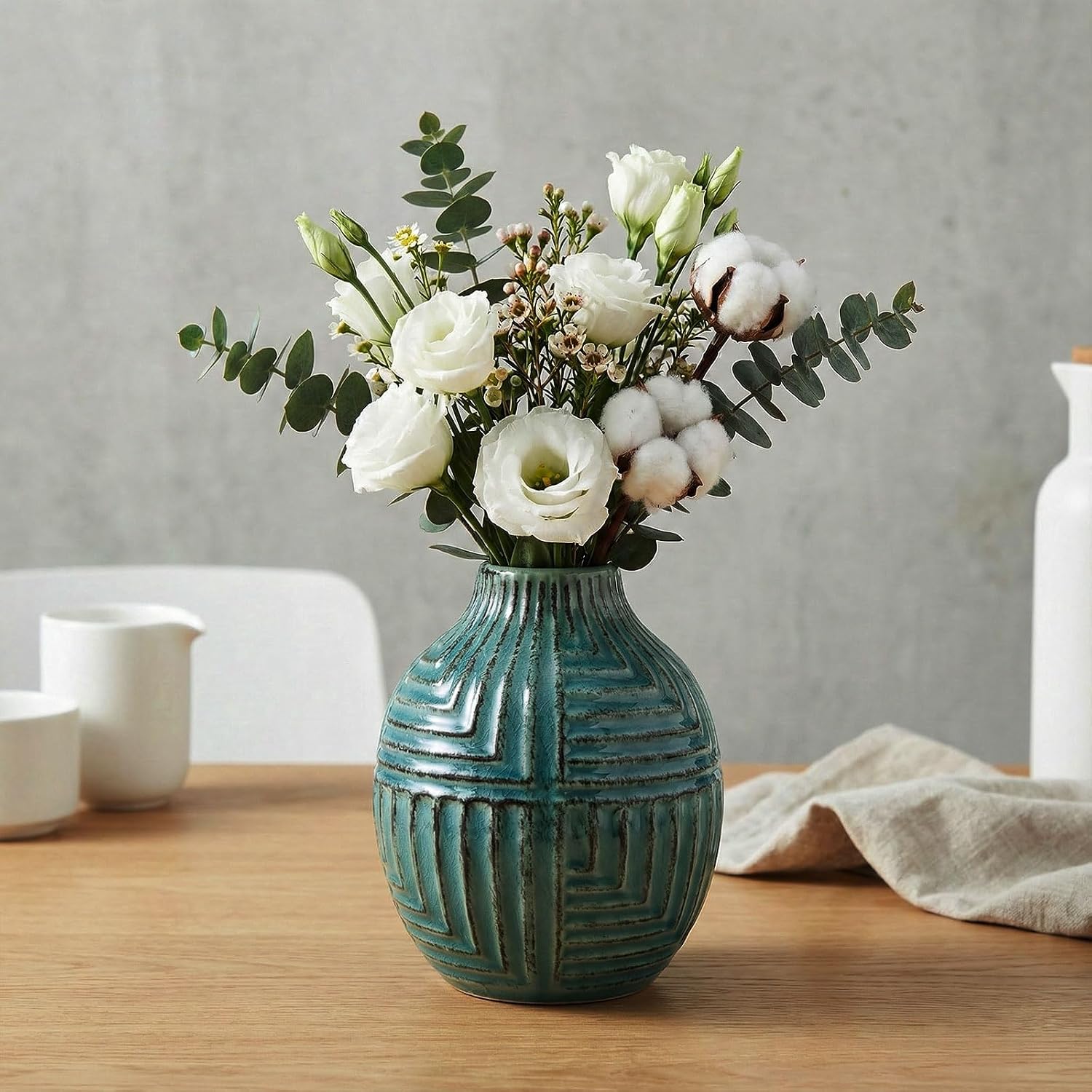 hjn hjn Teal Hand-Glazed Ceramic Vase - 5.7" H Modern Decorative Centerpiece Vase for Fresh/Dried Flowers, Home Decor for Living Room Bookshelf Mantel | Wedding Housewarming Gift