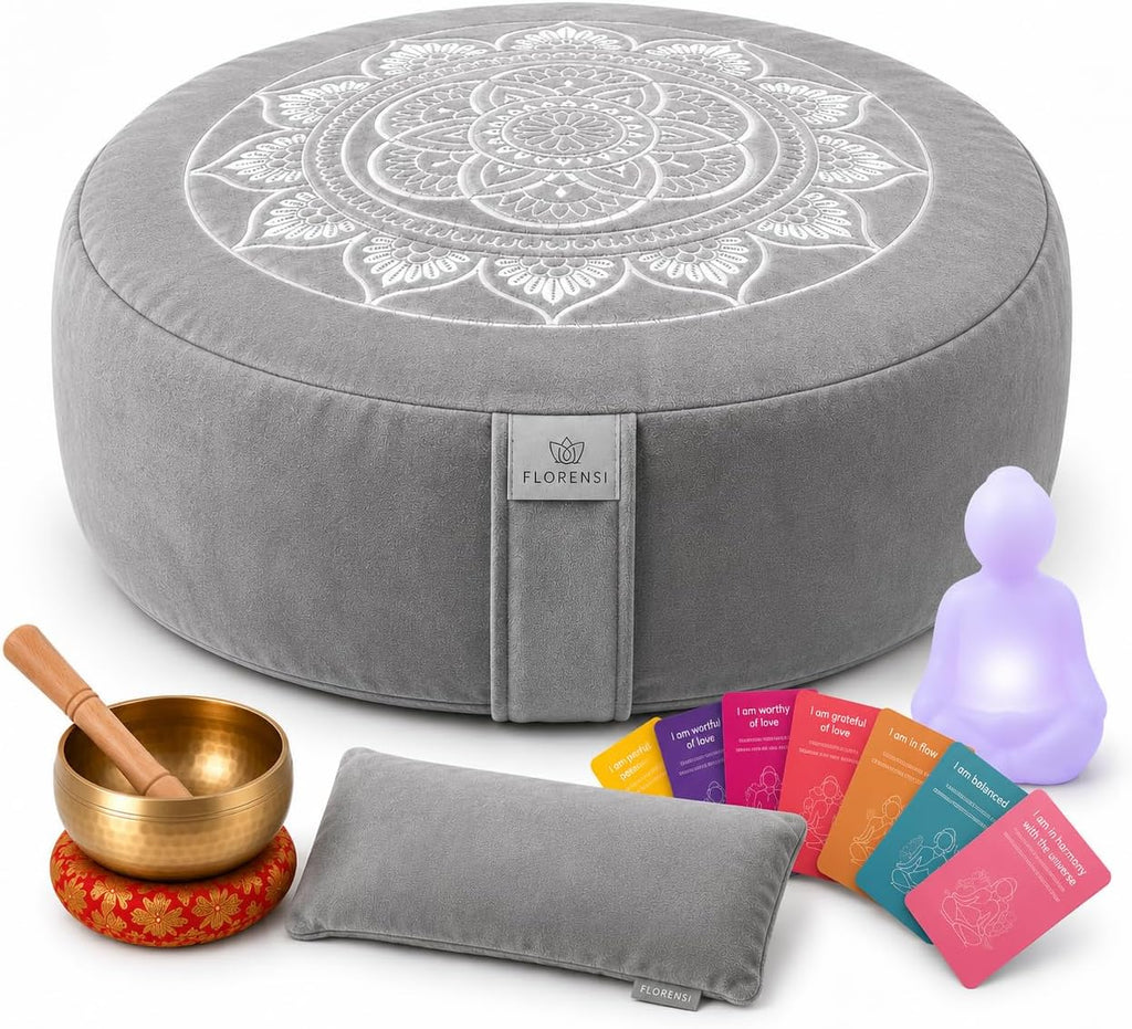 Meditation Cushion Set with Buckwheat Zafu, Breathing Light, Singing Bowl, Eye Pillow & Affirmation Cards – Meditation Kit for Beginners, Mindfulness Gift Set for Stress Relief & Yoga