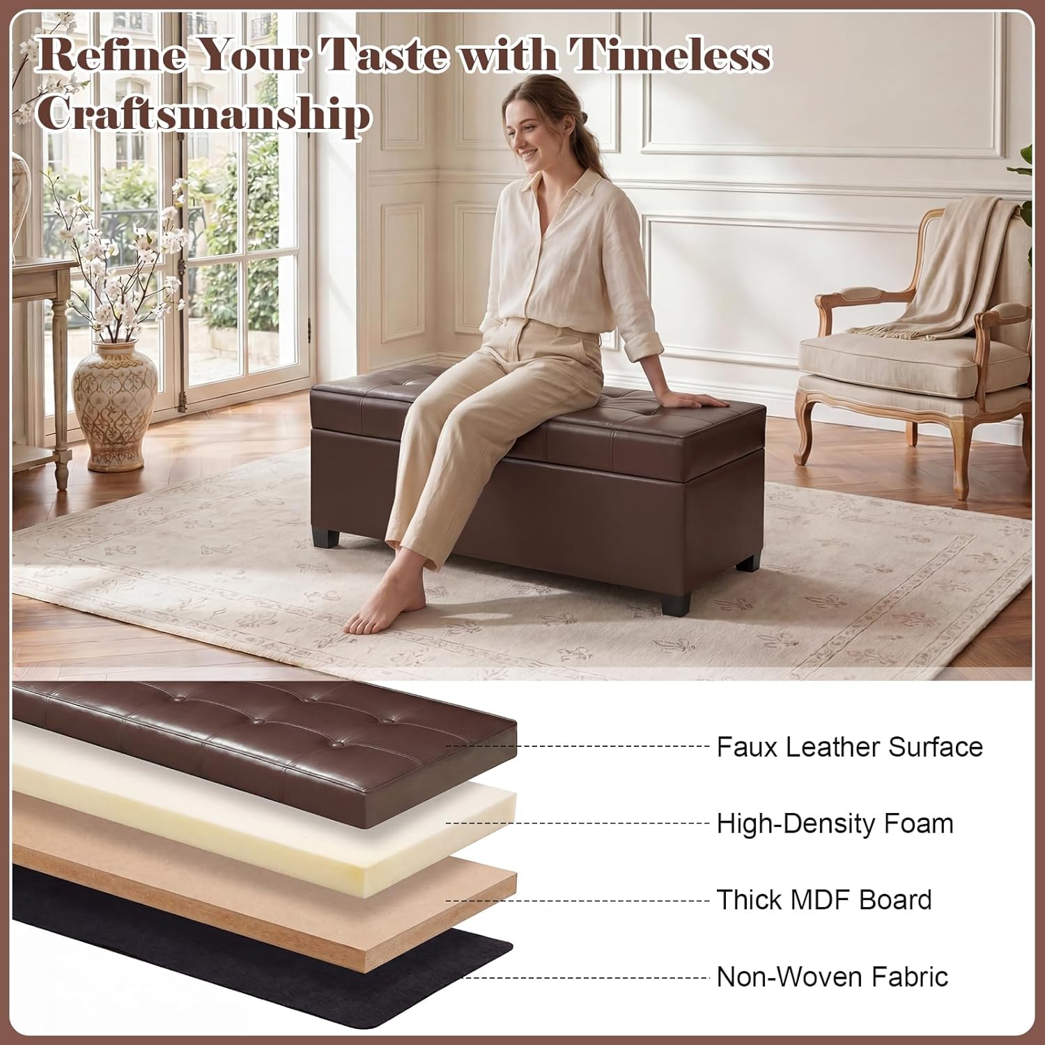 Homebeez 40" Faux Leather Storage Ottoman Bench, End of Bed Bench, Upholstered Bench with Storage for Living Room,Bedroom,Entryway (40" Brown)