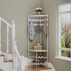 GiftGo Corner Hall Tree with Shoe Bench Entryway Coat Rack with 10 Metal Movable Hooks Freestanding Clothes Rack Shoes Shelf Organizer for Home Office Bedroom (White)