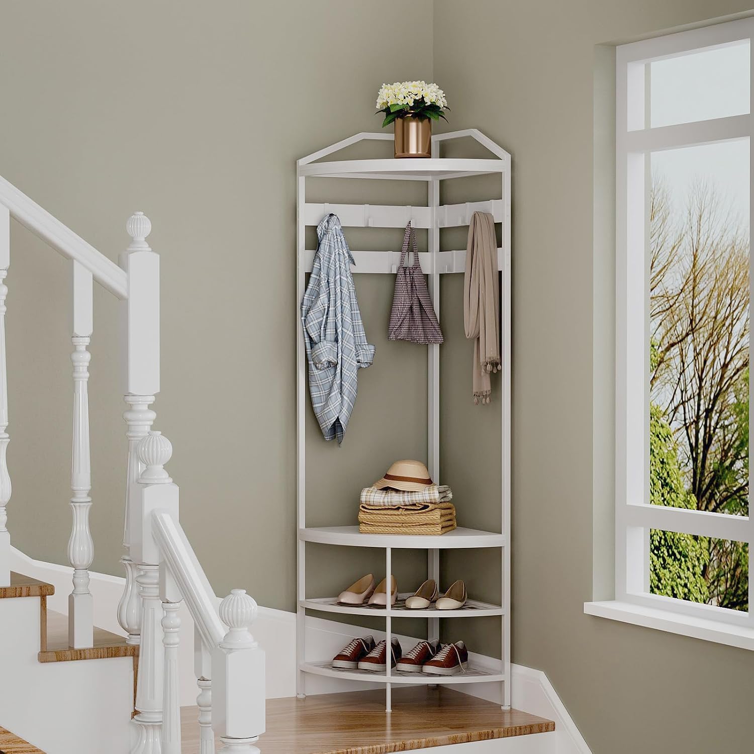GiftGo Corner Hall Tree with Shoe Bench Entryway Coat Rack with 10 Metal Movable Hooks Freestanding Clothes Rack Shoes Shelf Organizer for Home Office Bedroom (White)