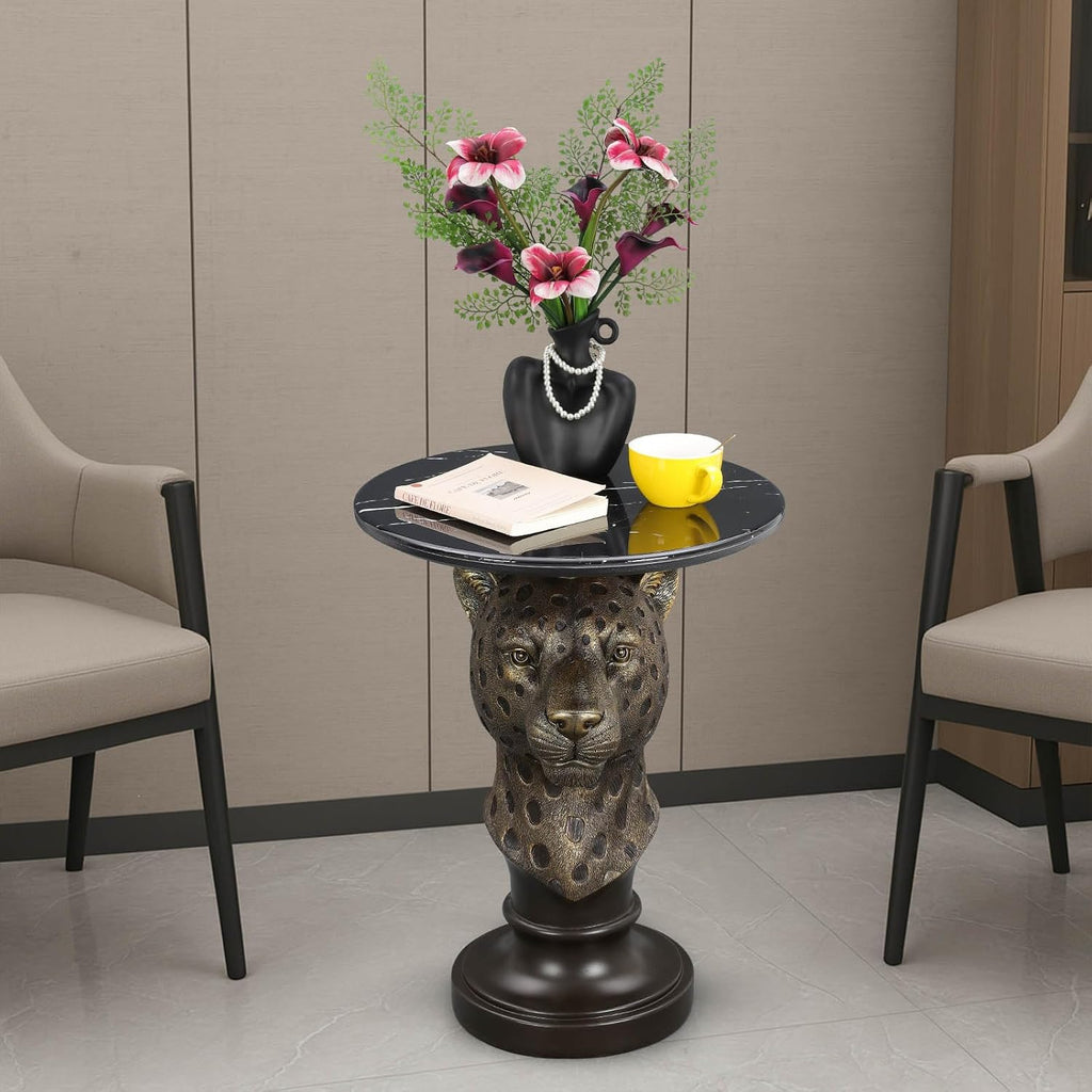 Animal Accent Side Table with Faux Marble Top, Art Deco End Table with Leopard Base, Unique Statue Table for Living Room Bedroom Entryway Home Office