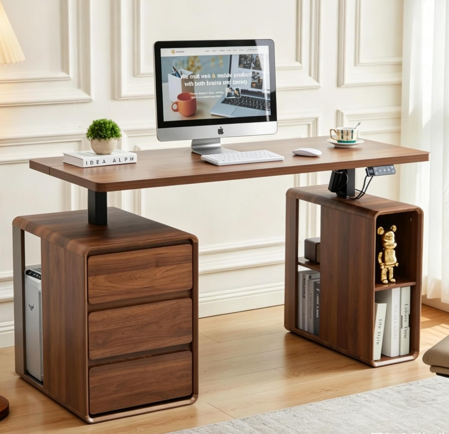 AVZEAR Farmhouse Electric Standing Desk, 55" Height Adjustable Computer Stand up Desk with 3 Drawers and Storage Shelf, Mid Century Modern Home Office Desk Wood Sit Stand Desks for Work, Study, Walnut