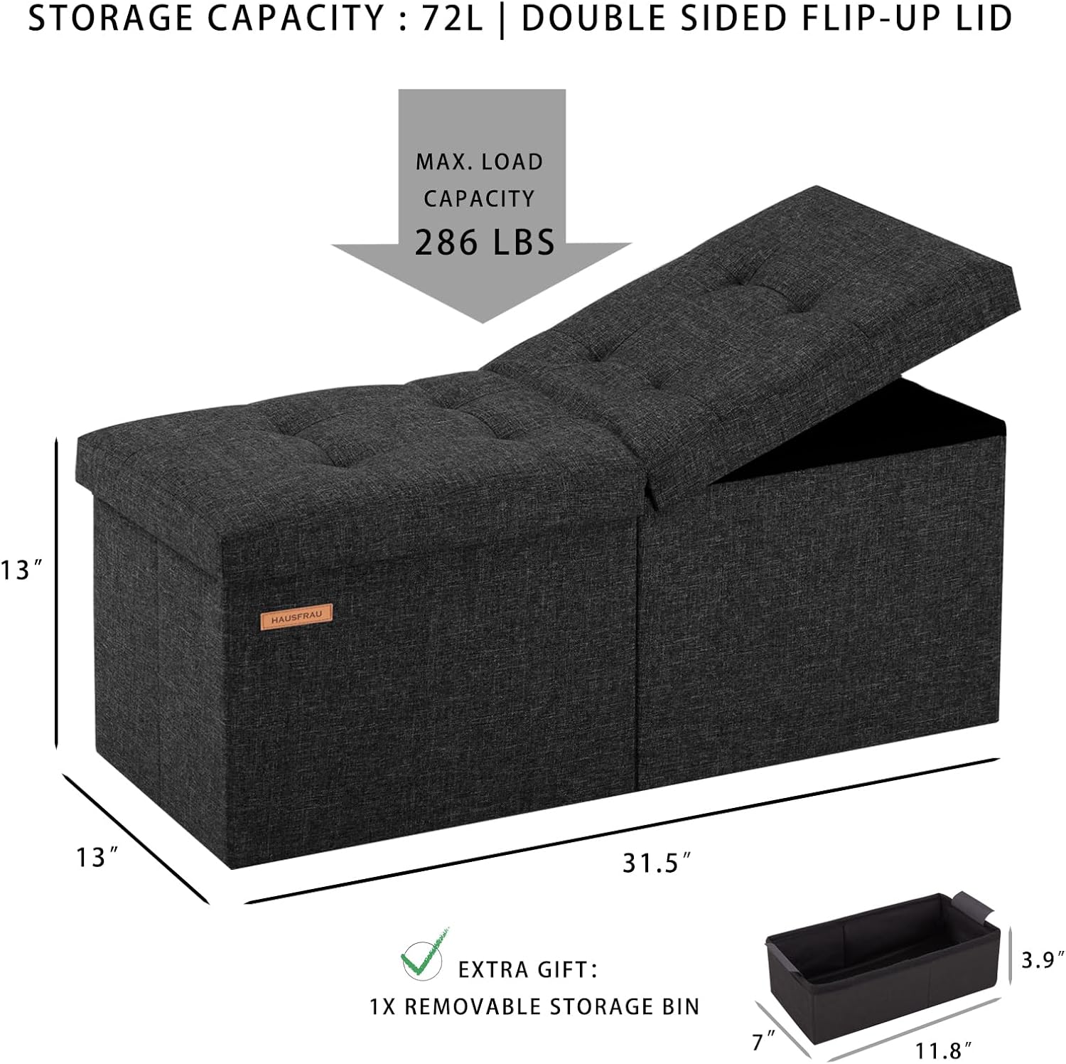 HAUSFRAU Ottoman with Storage Bench Folding Foot Rest Stool Linen Black | 31.5", Flip Lid, Small Upholstered Foldable Footrest Footstool, Bedroom Bench, Living Room Dorm Ottoman, Rectangle