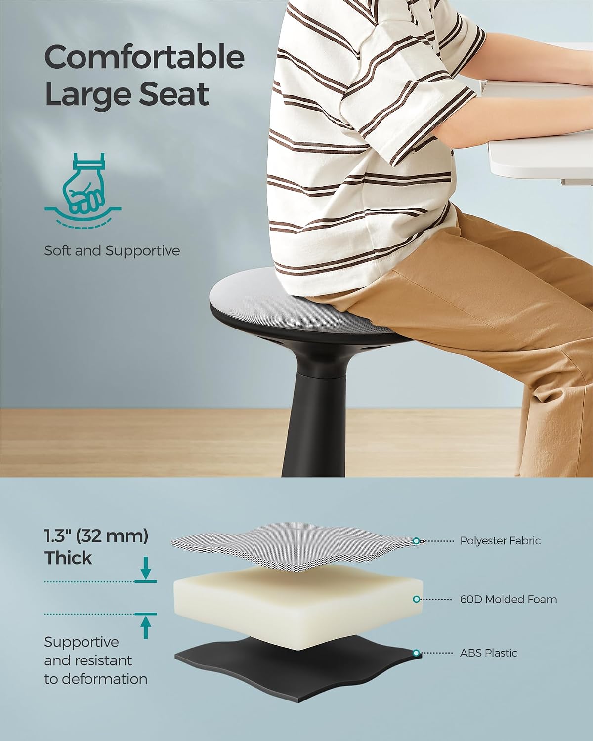 SONGMICS Kids Wobble Chair 6-12Y, Active Sitting Stool with Focus Support, 18.1" Height 154 lb Capacity, Anti-Slip Base Tool-Free Assembly, Ink Black and Dove Gray UOSC010B01