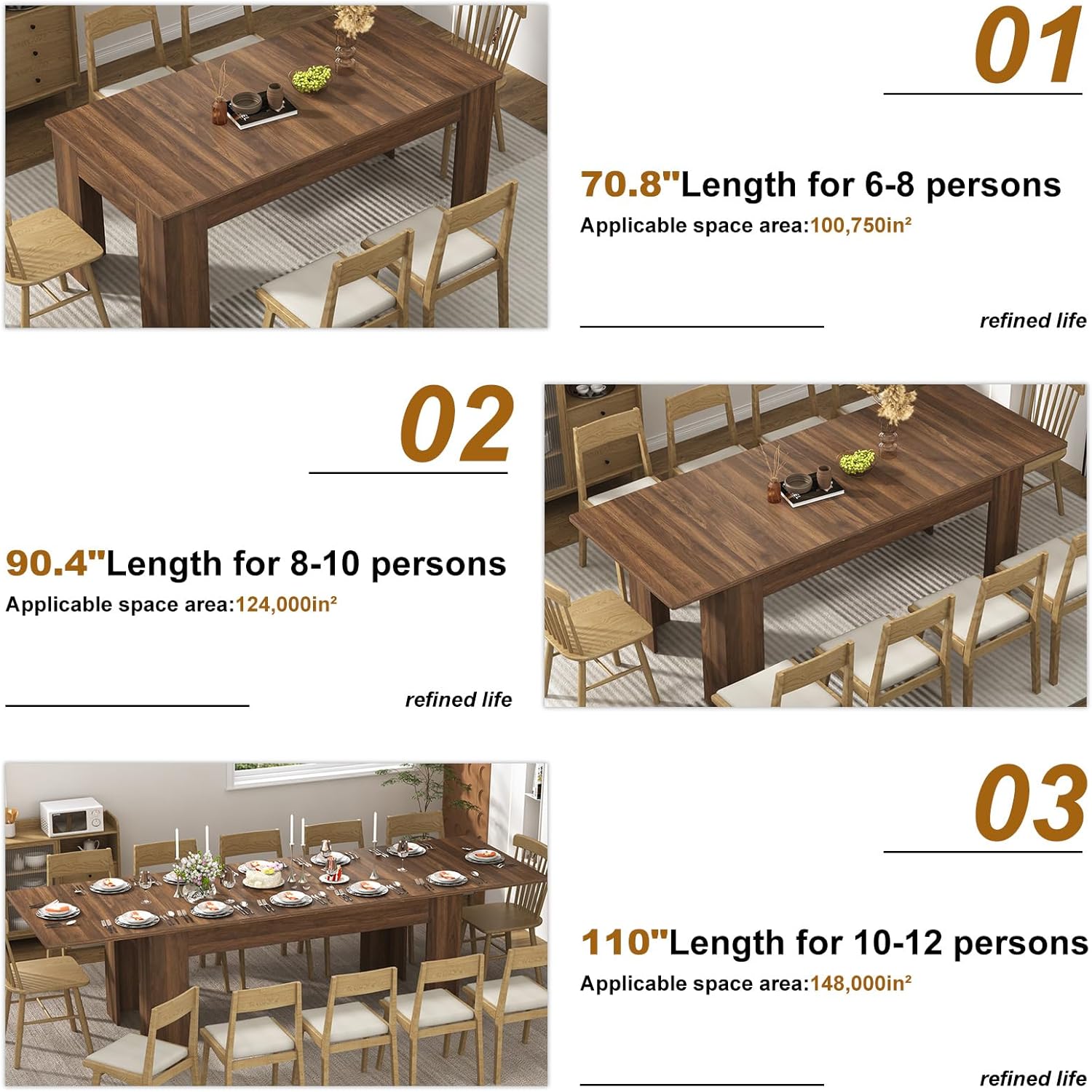 70.8"-110" Extendable Dining Table for 6-12 Person, Wooden Dining Room Table, Modern Extendable Table for Gatherings, Meeting for Small Kitchens, Dining Office Areas(Walnut)
