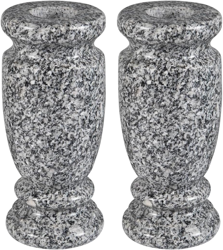 Gray Granite Cemetery Vase for Grave, 4.3" W x 9.8" H | Gray granite, side drainage hole prevents water pooling and freeze cracking. For grave markers & flower decoration.2 count.