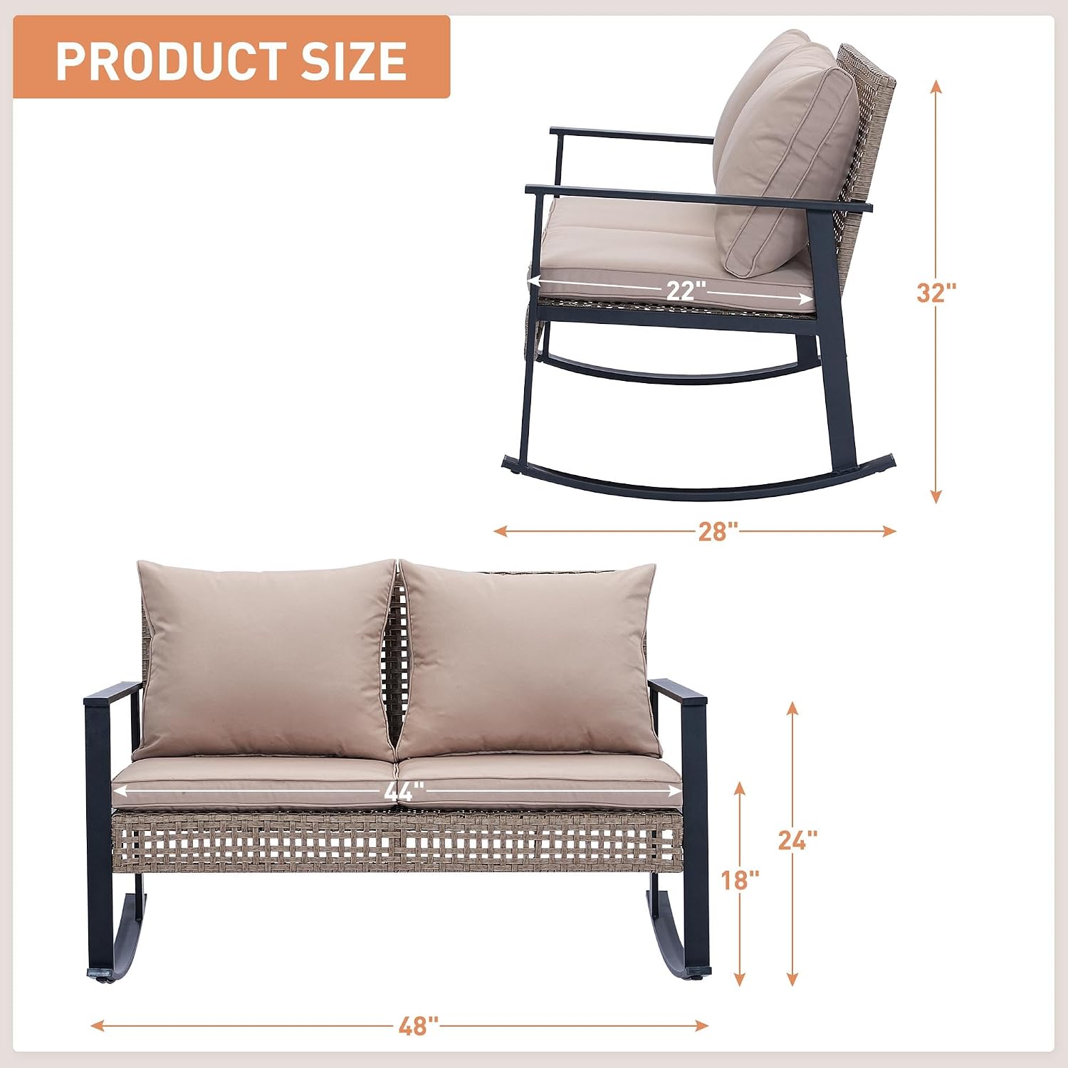 GDY Outdoor Wicker Loveseat Rocking Chair, Patio Outdoor Furniture Conversation Sets, Rattan Rocker Chair with Cushions, Modern Cozy Rocking Wicker Furniture for Garden, Porch, Poolside & Deck, Khaki.