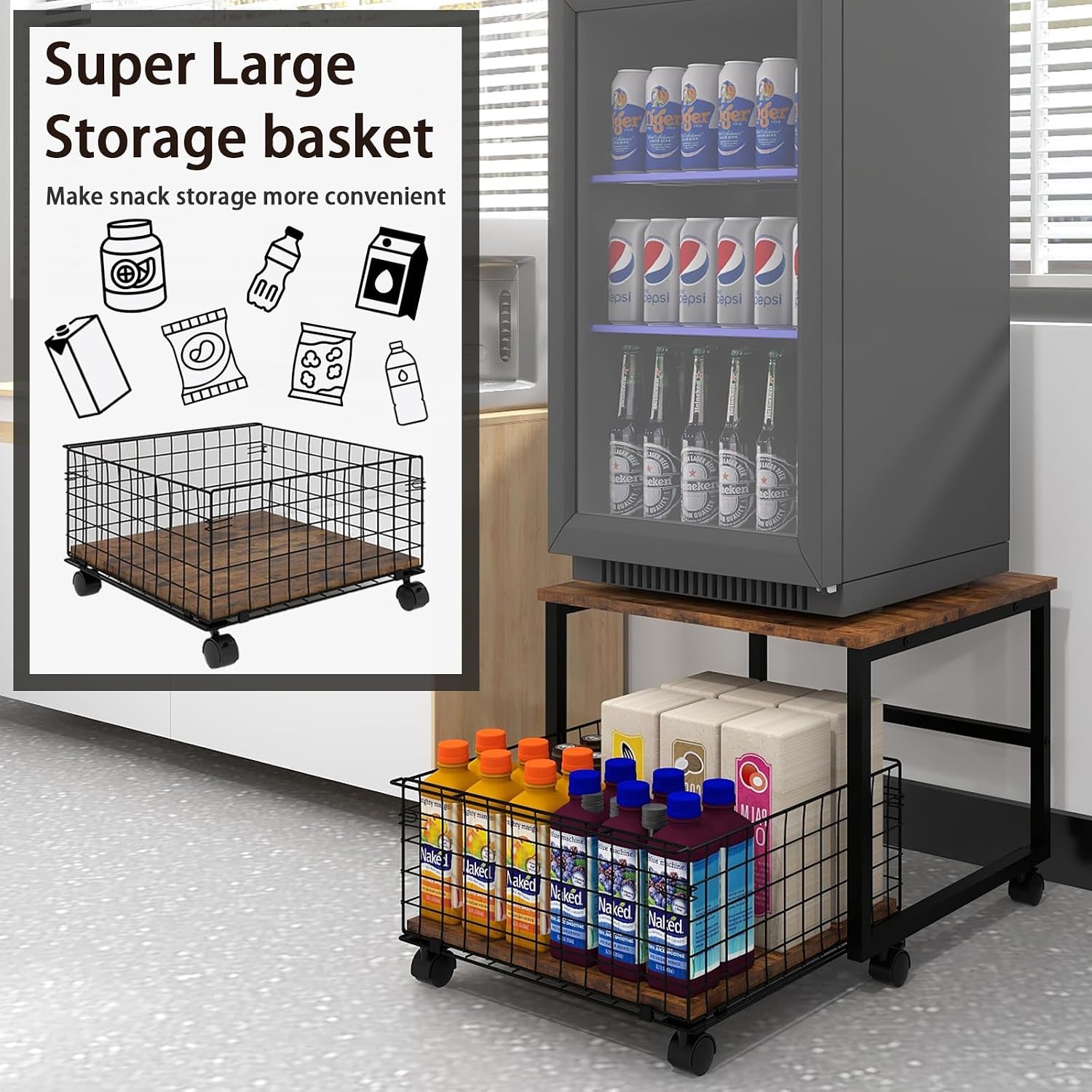 PUNCIA 19.7"x19.7" Mobile Fridge Stand with Foldable Basket, Retro | Rolling Mini Fridge Stand with Lockable Wheels Heavy Duty Refrigerator Cart Appliance Table for Dorm Bedroom Apartment