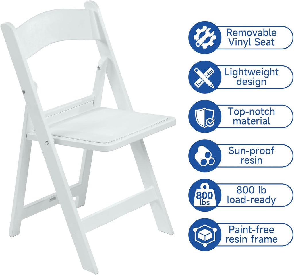 White Resin Folding Chairs - Stackable Chairs with Padded Seats, 800LB Weight Capacity Comfortable Chair - Indoor/Outdoor Folding Chairs for Events - Lightweight Foldable Chairs (10 Pack)