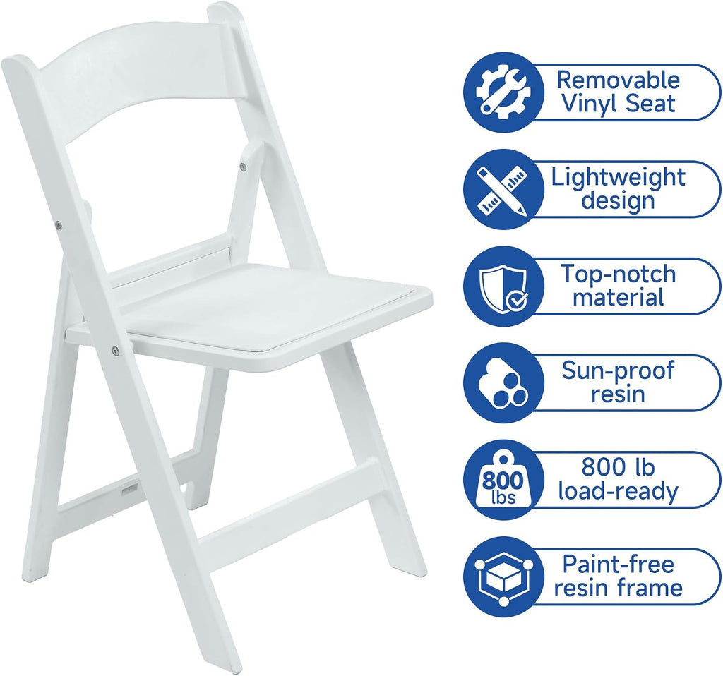 White Resin Folding Chairs - Stackable Chairs with Padded Seats, 800LB Weight Capacity Comfortable Chair - Indoor/Outdoor Folding Chairs for Events - Lightweight Foldable Chairs (24 Pack)