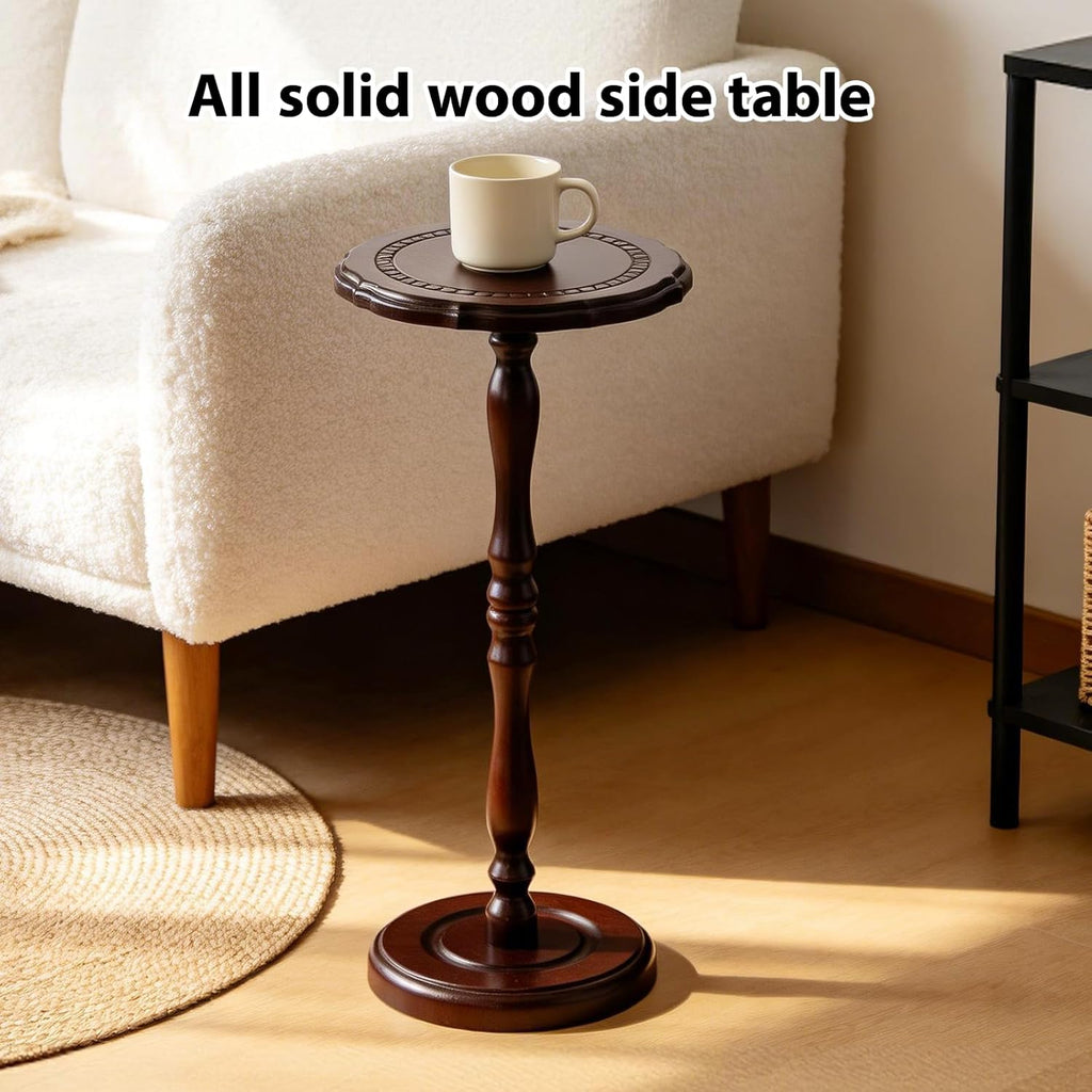 100% Solid Wood Small Side Table, Drink Table for Small Spaces, 25.6“ Round End Table Accent Nightstand for Bedroom, Living Room, Corners and Office, Brown