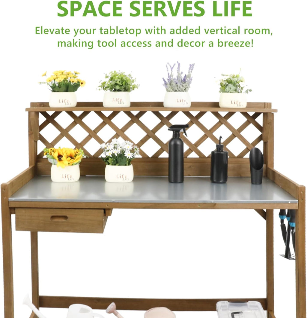 PetsCosset Garden Potting Benches & Tables,Outdoor Wooden Work Station W/Metal Table Top,Drawer,Large Bottom Shelf,Open Shelf Natural Wood-Natural Stained
