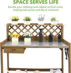 PetsCosset Garden Potting Benches & Tables,Outdoor Wooden Work Station W/Metal Table Top,Drawer,Large Bottom Shelf,Open Shelf Natural Wood-Natural Stained