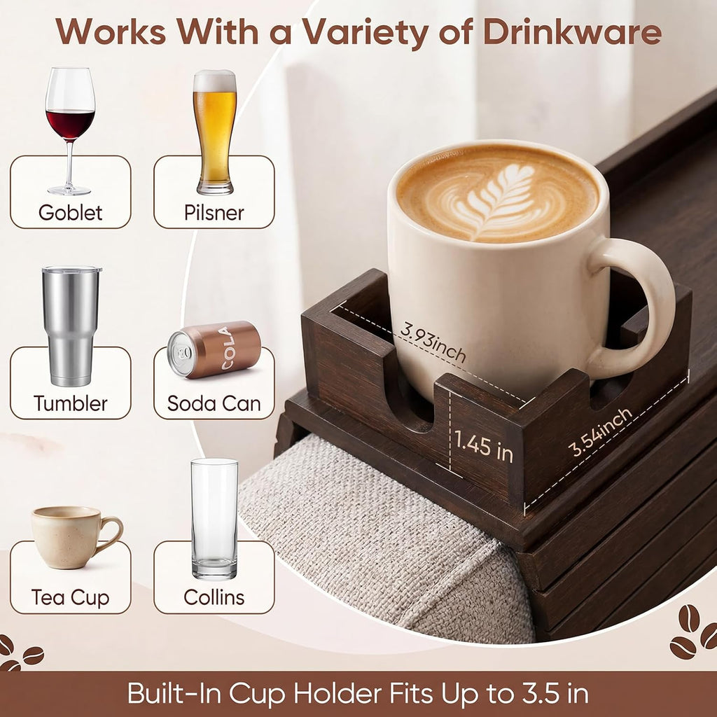 Bamboo Couch Arm Tray Table with Built-in Cup Holder, Foldable Anti-Slip Sofa Armrest Table for Drinks, Phone & Remote, Fits 4.7–16.9 in Armrests, Holds Cups up to 3.5 in Diameter (Brown)