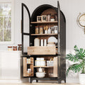 71" Tall Arched Kitchen Pantry with Door Shelves and Hidden Drawer, Arched Kitchen Storage Cabinet with Open & Adjustable Shelves, Cupboard with Glass Door, Bookshelf Bookcase (Black)