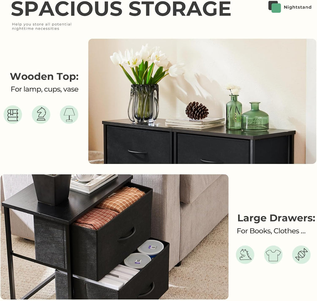 Fabric Dresser 2 Drawers, Nightstands with Adjustable Feet, End Table Set of 2