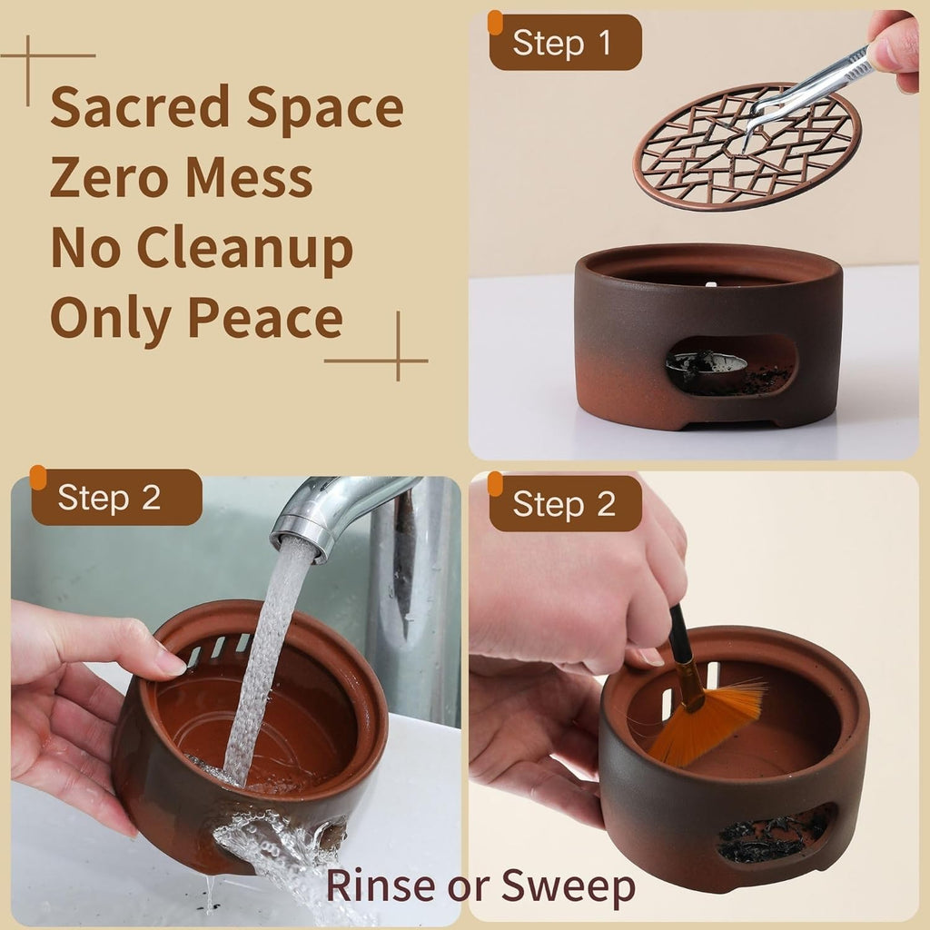All-in-One Incense Holder for Burning Palo Santo & Sage Sticks & Insence-Stick and Cone & Candle, Lasting Burn Palo Santo & Sage Bundle & Loose Sage Leaves, Ash-Free, Wind-Resistant(Brown)