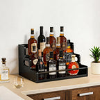 Bamboo Liquor Bottle Display Shelf, 3 Step Countertop Wine Rack, Bar Bottle Stand with Handles & Guardrail, Retro Mini Display Rack for Syrup, Wine, Dressing, Home Kitchen Cafe, Black