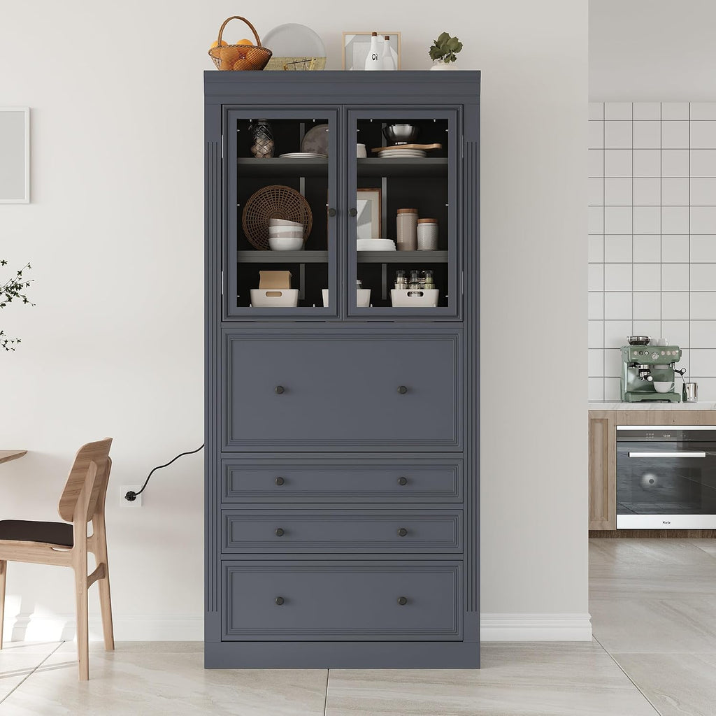 SOFTSEA Kitchen Pantry Cabinet with 3 Drawers, Kitchen Storage Cupboard with Power Outlet and Adjustable Shelves, Freestanding Display Cabinet for Living Room Dining Room, 36x16.5x78inch, Grey