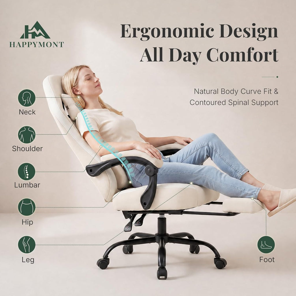 Computer Gaming Chair - High Back Ergonomic Desk Chair with Footrest and Lumbar Support, Height Adjustable Task Chair with Linkage Armrests and Headrest, 360° Swivel Wheels, Khaki