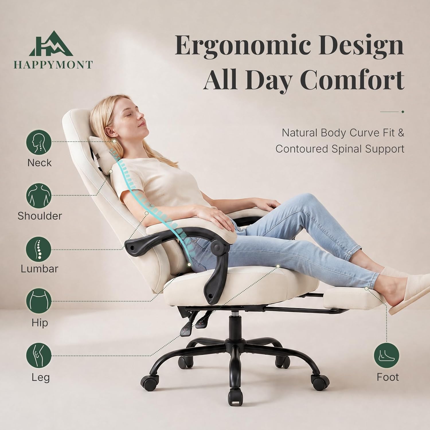 Computer Gaming Chair - High Back Ergonomic Desk Chair with Footrest and Lumbar Support, Height Adjustable Task Chair with Linkage Armrests and Headrest, 360° Swivel Wheels, Khaki