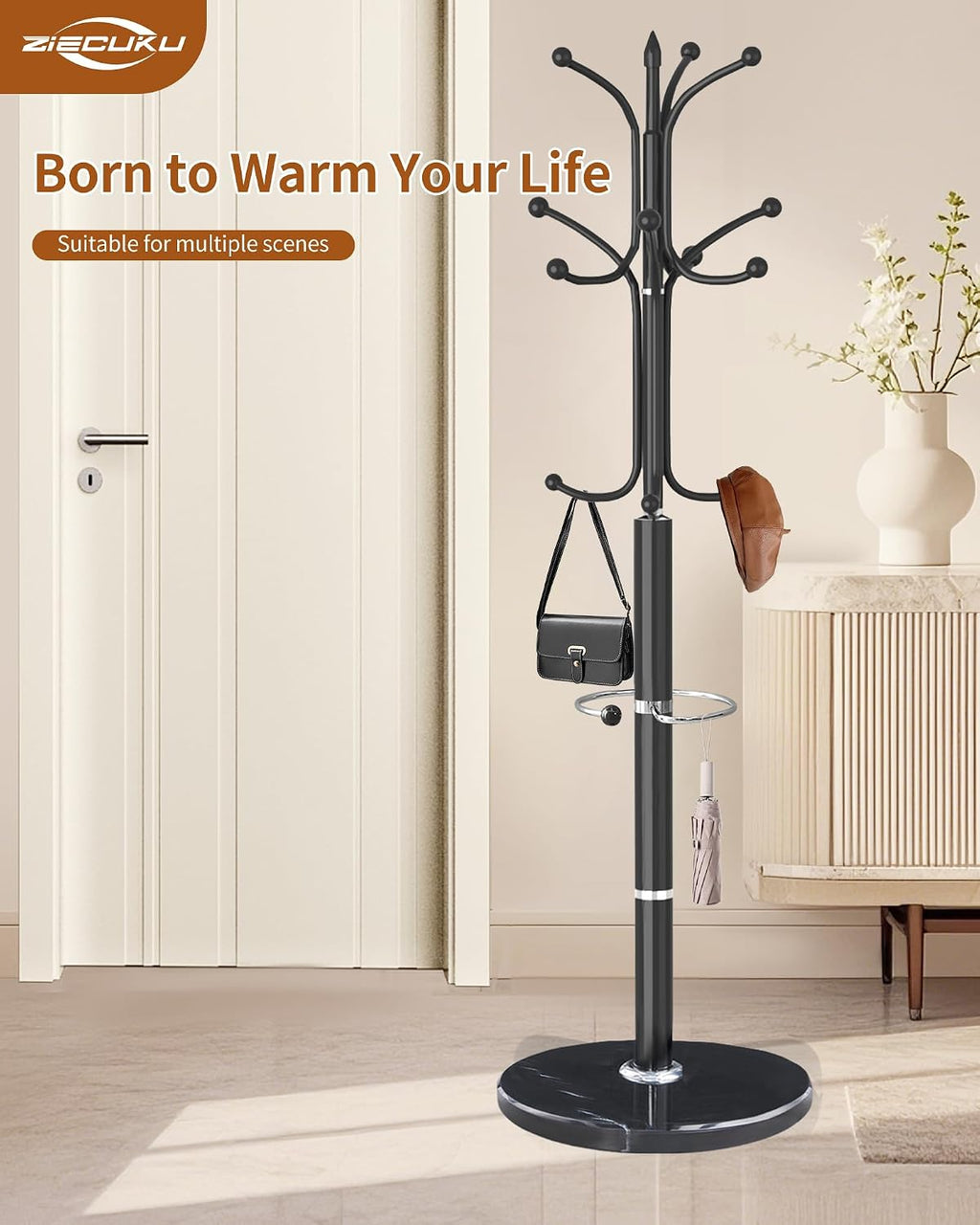 Metal Coat Rack with Natural Marble Base, Coat Rack Stand with 12 Hooks & Umbrella Holder, Black Modern Freestanging Coat Racks, Coat Jacket Hanger Tree Stand for Corner Entryway Office