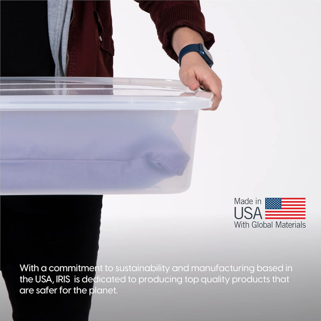 IRIS USA 50 Qt Plastic Under Bed Storage Organizer Bin Container with Secure Lids and Durable Buckles, Multi-Purpose for Seasonal Holiday Items Bedding Clothes Shoes, Long, Clear